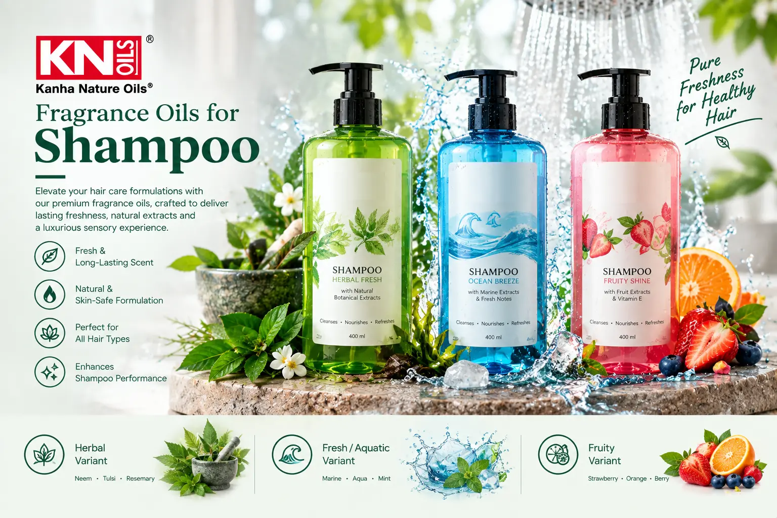 Kanha Nature Oils fragrance oils for shampoo manufacturers - herbal, aquatic, fruity variants
