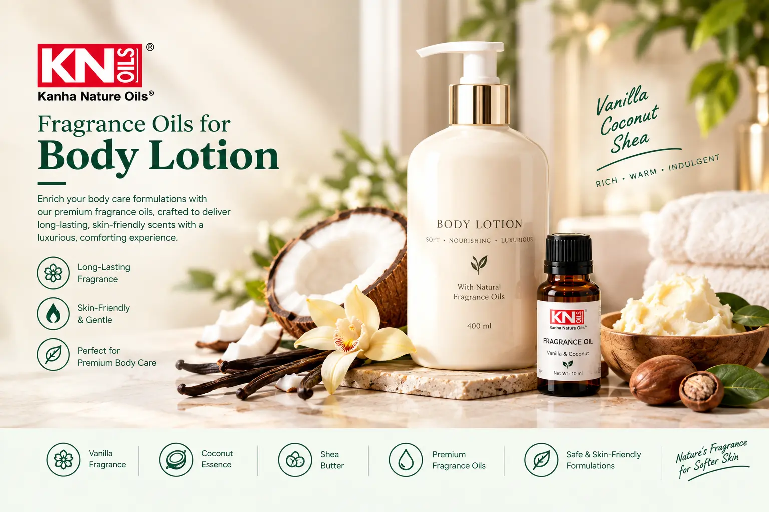 Kanha Nature Oils fragrance oils for body lotion manufacturers - vanilla, coconut, shea