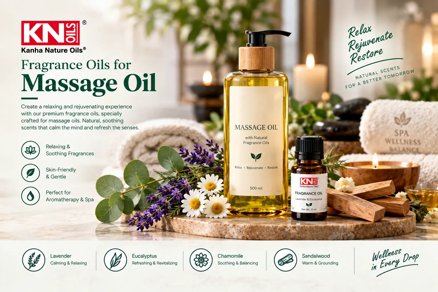 Kanha Nature Oils fragrance oils for massage oil manufacturers - lavender, eucalyptus, chamomile, sandalwood
