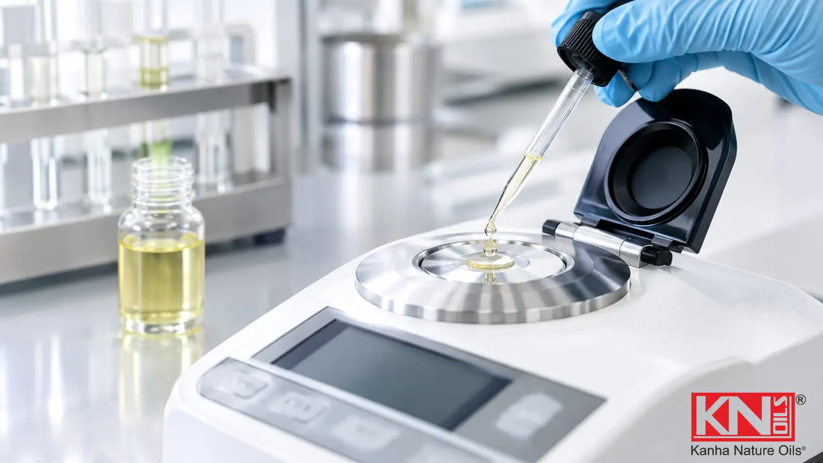 Gloved hand placing a drop of essential oil on a refractometer to measure refractive index