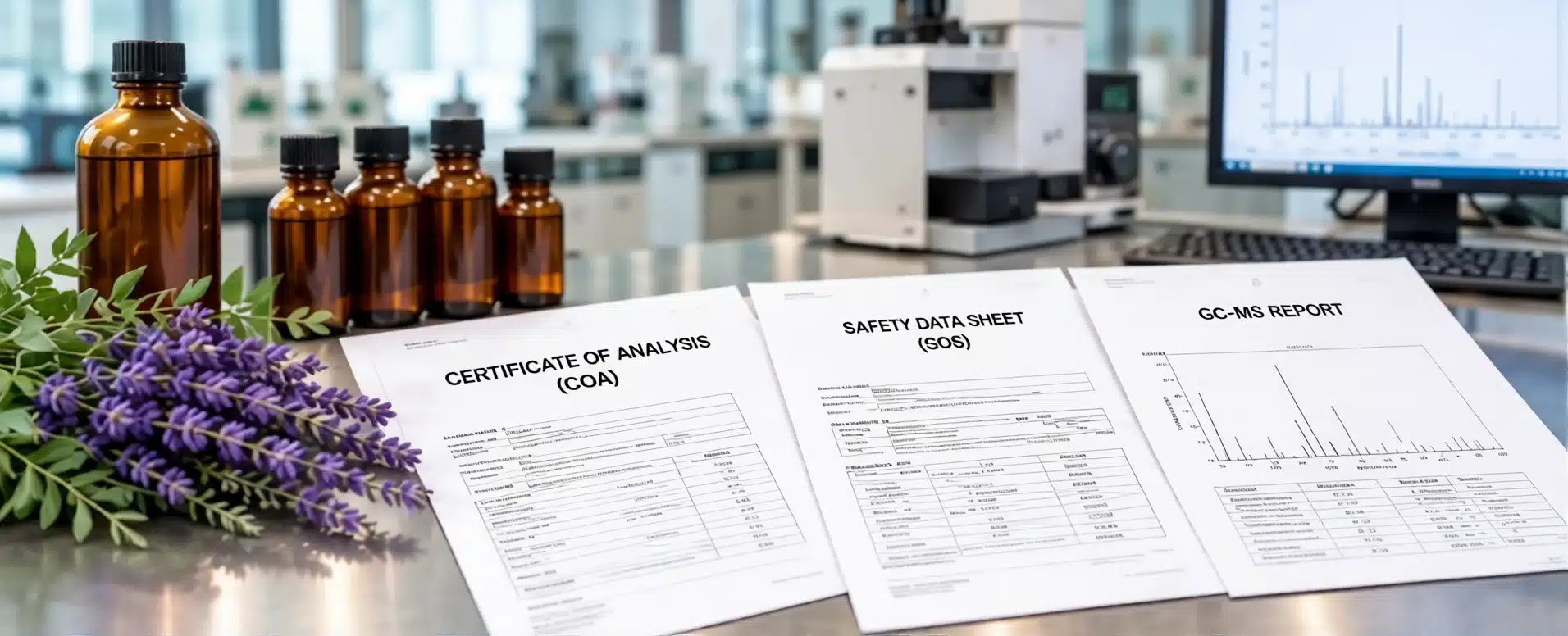 COA, SDS and GC-MS documents prepared for an essential oil export shipment