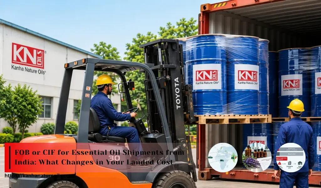 Essential oil drums being loaded into a shipping container for export from India