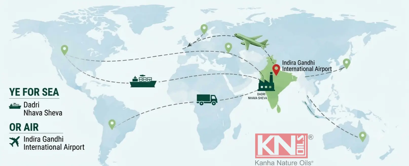 Kanha Nature Oils export routes from Bahadurgarh via ICD Dadri to Nhava Sheva by sea and IGI Delhi by air